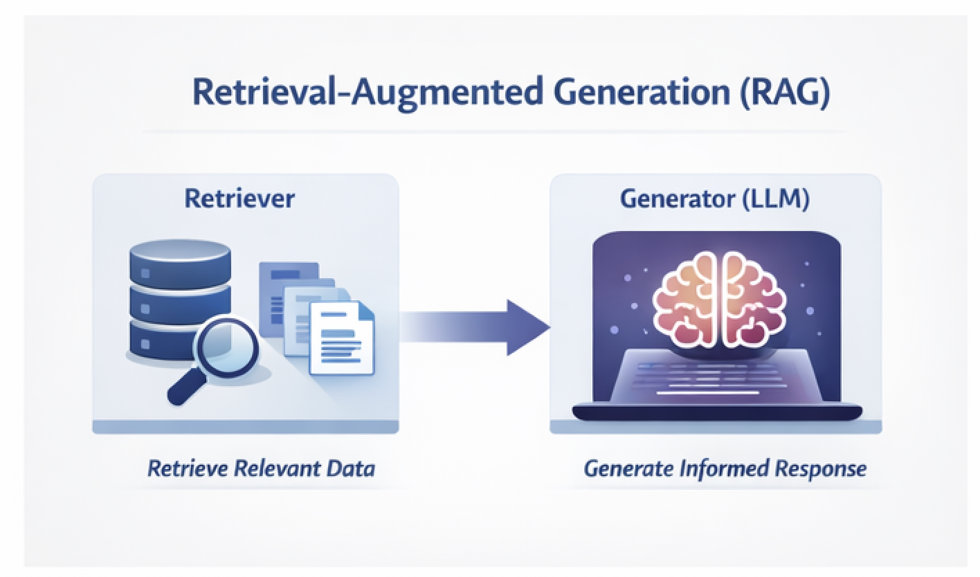 Retrieval-Augmented Generation: Retriever and Generator (LLM)