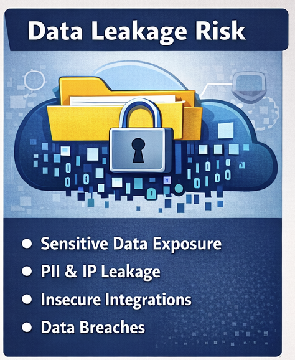 Data Leakage Risk: Sensitive data exposure, PII and IP leakage, insecure integrations, data breaches. Cloud storage with folders and padlock.
