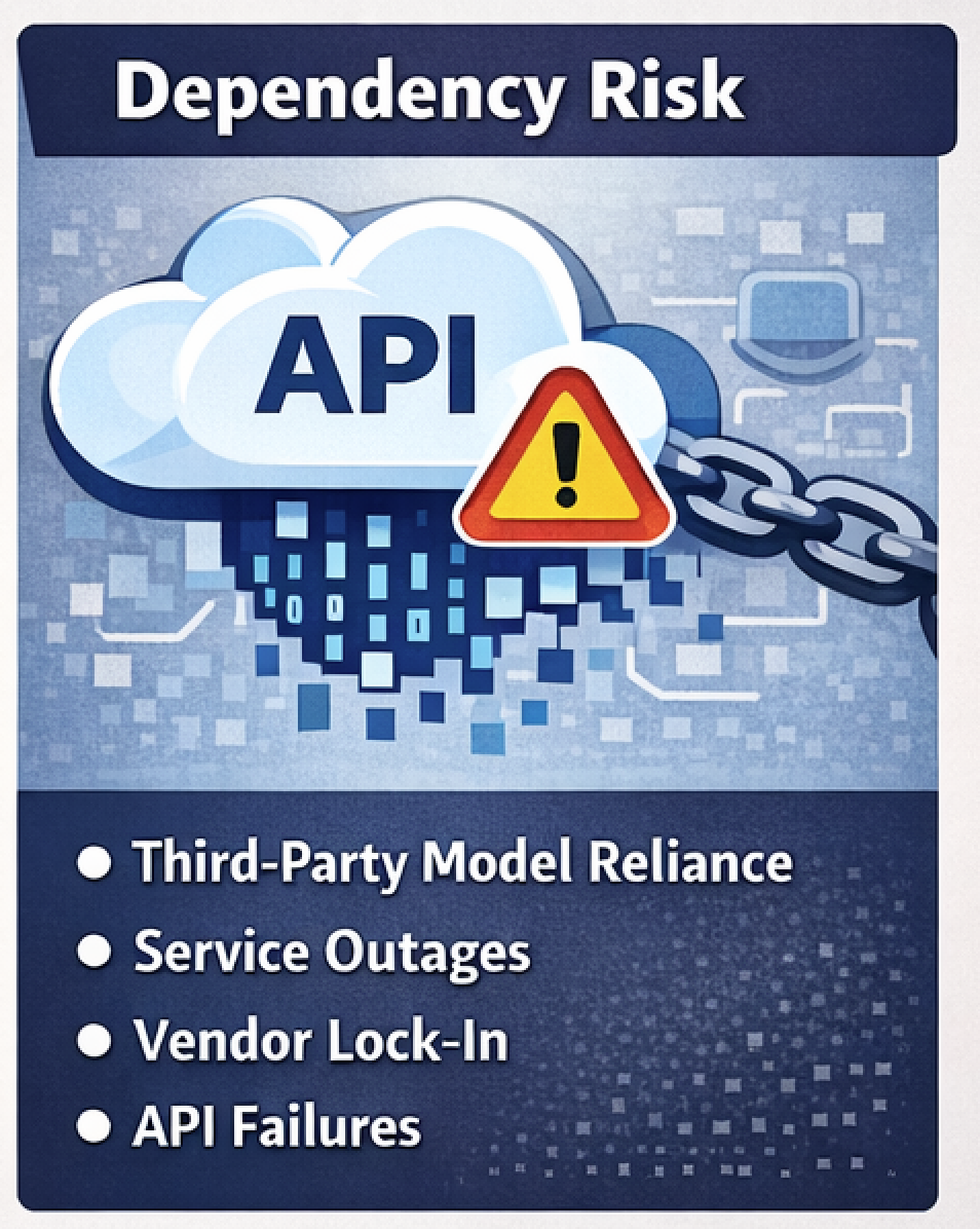 Dependency Risk: Third-party model reliance, service outages, vendor lock-in, API failures. Cloud API with warning sign.