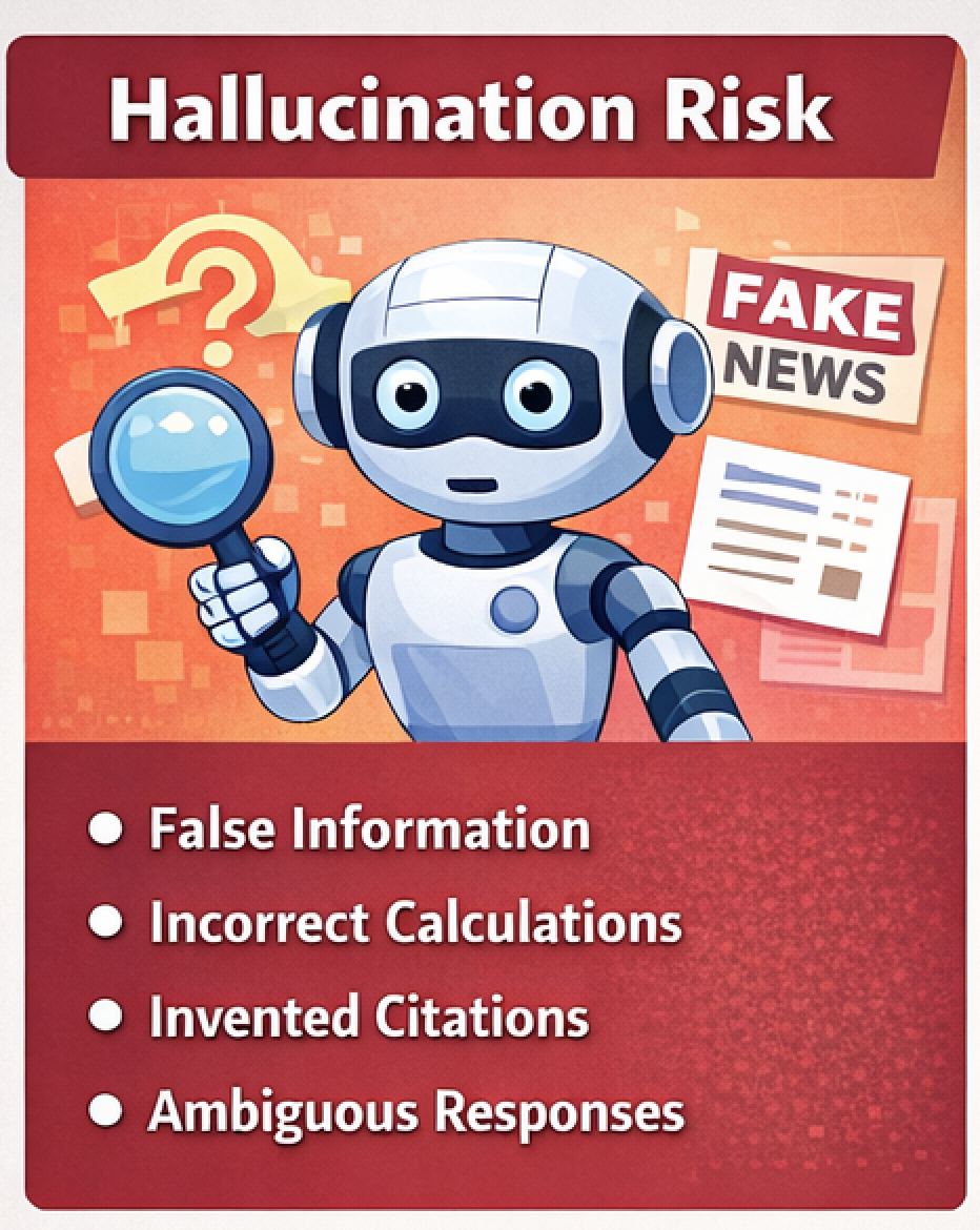 Hallucination Risk: False information, incorrect calculations, invented citations, ambiguous responses. Robot inspecting with magnifying glass.