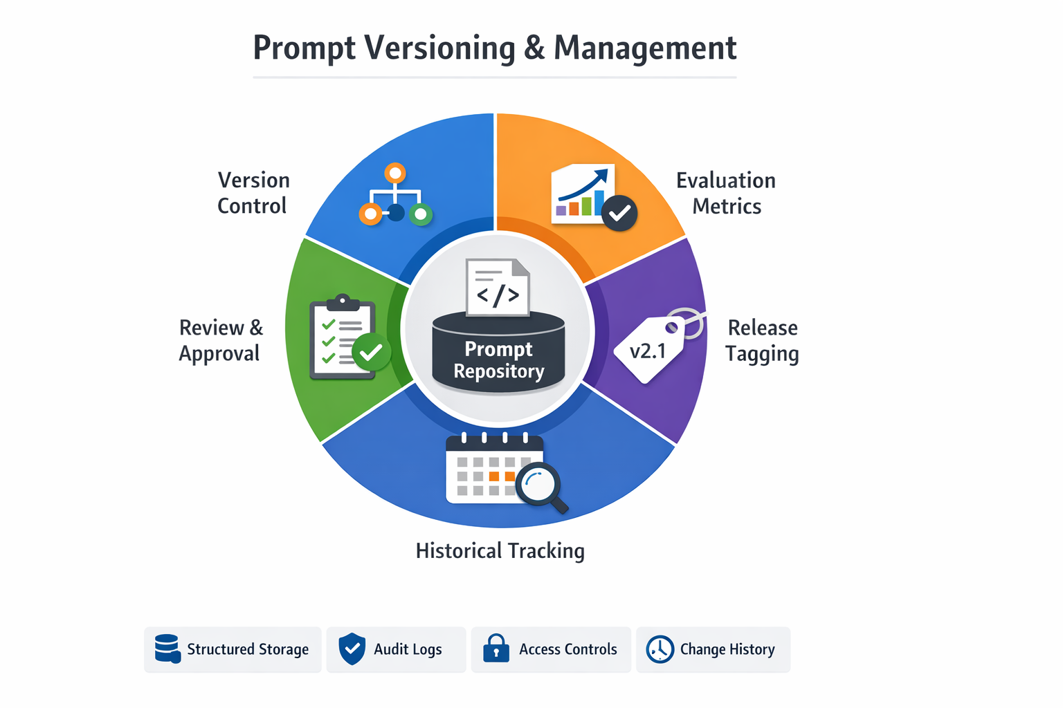 Prompt Versioning & Management: Version Control, Evaluation Metrics, Release Tagging, Historical Tracking, Review & Approval