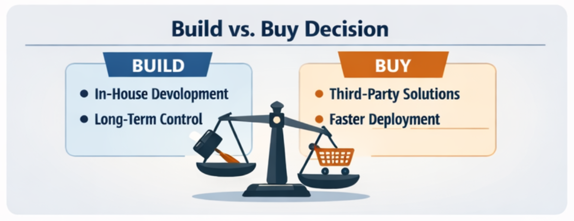 Build vs. Buy Decision: In-house development and long-term control vs. third-party solutions and faster deployment