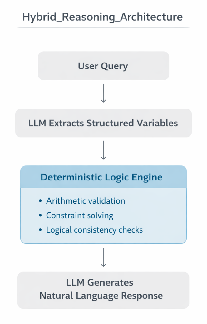 Hybrid reasoning architecture: User Query → LLM extracts structured variables → Deterministic Logic Engine (arithmetic validation, constraint solving, logical consistency checks) → LLM generates natural language response