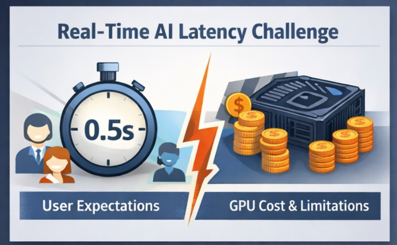 Real-Time AI Latency Challenge: user expectations of 0.5-second response times contrasted with the high cost and limitations of GPU hardware