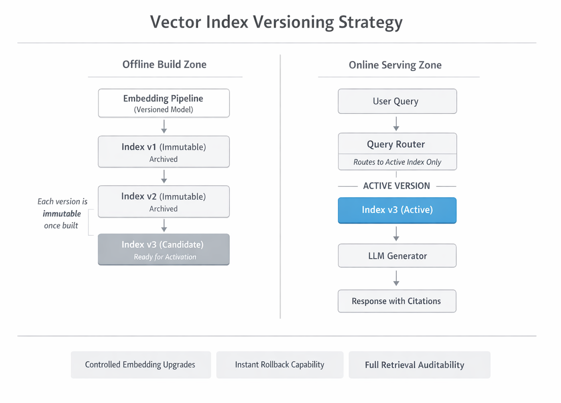 Vector index versioning strategy: Embedding Pipeline → Index v1, v2, v3 (immutable) → Query Router → Index v3 (Active) → LLM Generator → Response with Citations