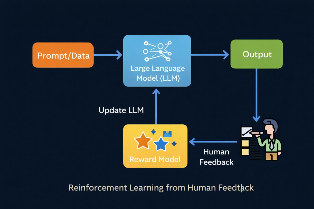 Reinforcement Learning from Human Feedback: Prompt/Data → LLM → Output → Human Feedback → Reward Model → Update LLM